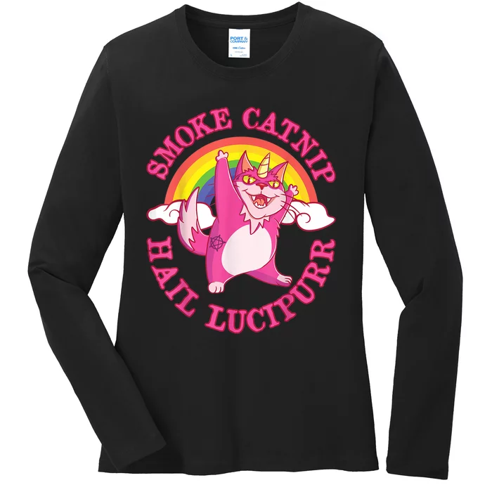 Caticorn Pink Cat Unicorn Rainbow Smoke Catnip Hail Lucipurr Ladies Long Sleeve Shirt