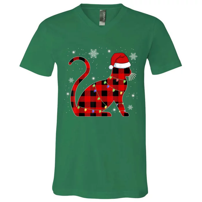 Christmas Plaid Cat Holiday Cute V-Neck T-Shirt