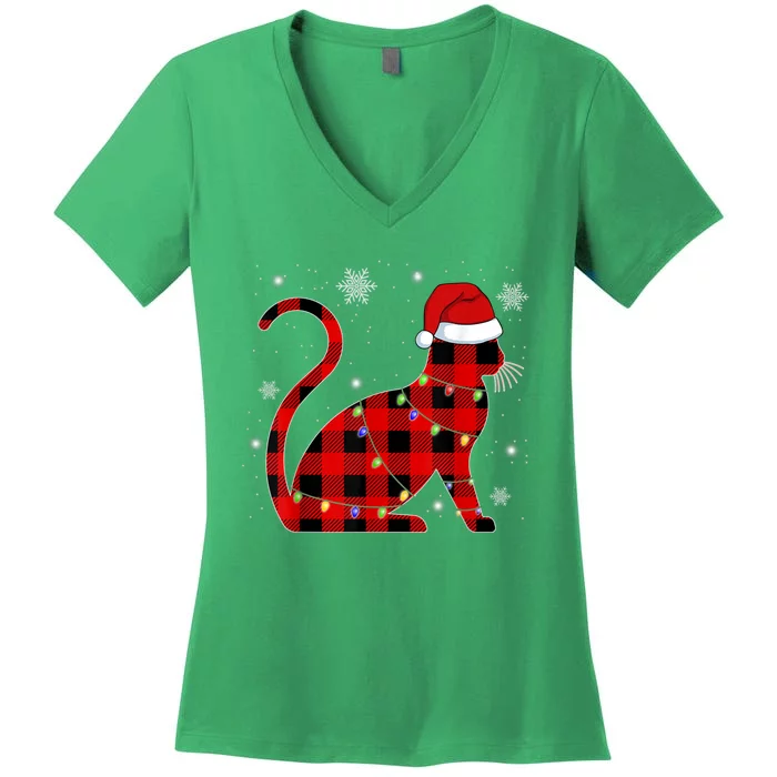 Christmas Plaid Cat Holiday Cute Women's V-Neck T-Shirt