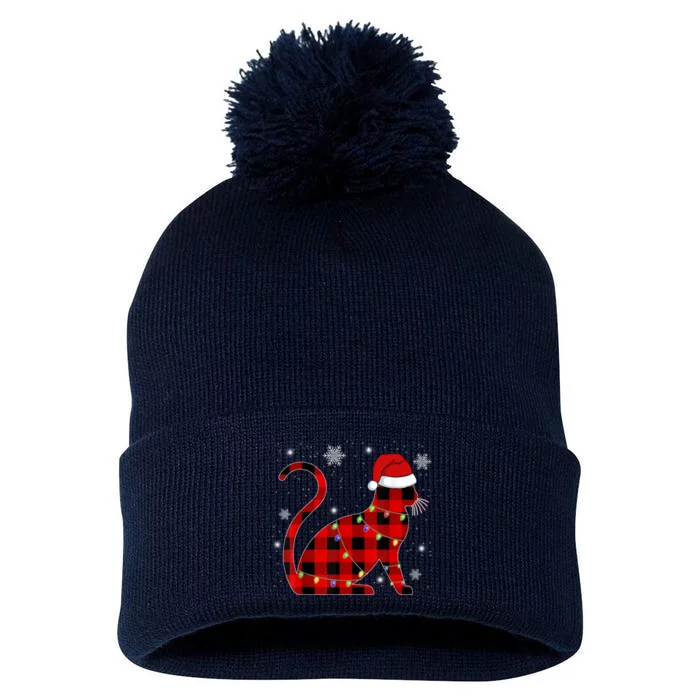 Christmas Plaid Cat Holiday Cute Pom Pom 12in Knit Beanie