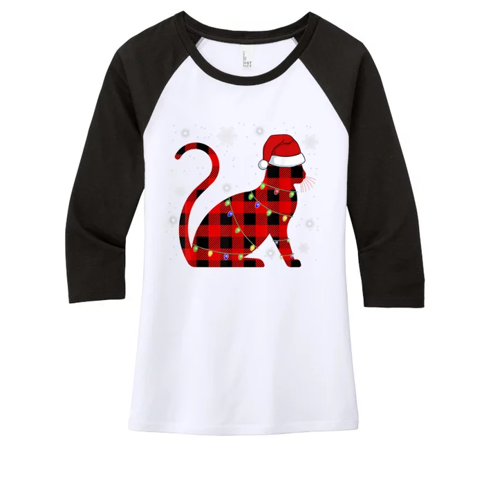 Christmas Plaid Cat Holiday Cute Women's Tri-Blend 3/4-Sleeve Raglan Shirt