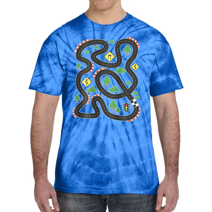 Cool Playmat Car Race Track On Back Dad Tie-Dye T-Shirt