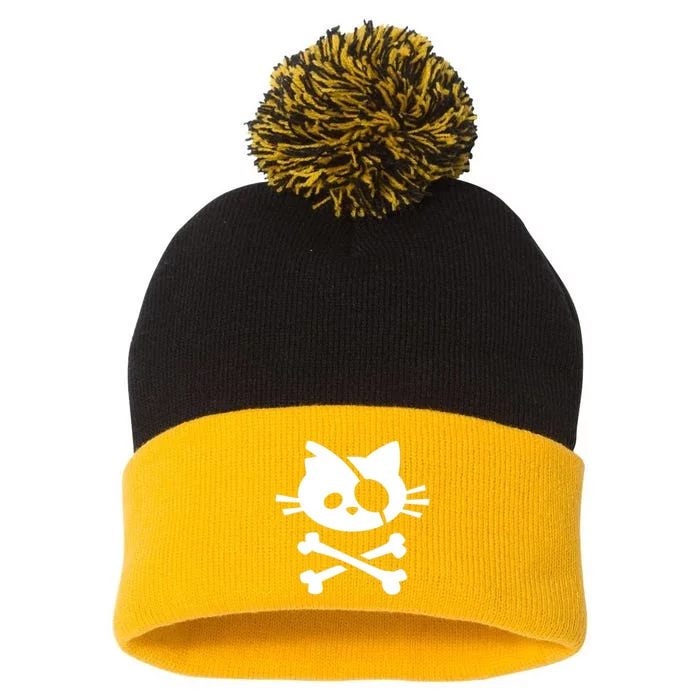 Cute Pirate Cat Skull And Crossbone Pom Pom 12in Knit Beanie