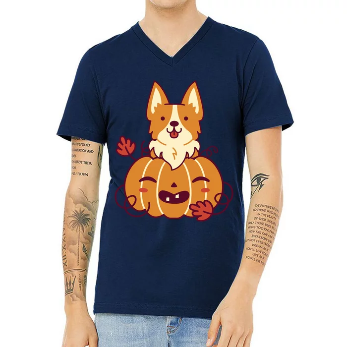 Cute Pumpkin Corgi Dog Halloween V-Neck T-Shirt