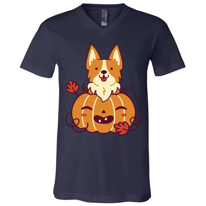 Cute Pumpkin Corgi Dog Halloween V-Neck T-Shirt