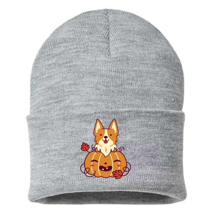 Cute Pumpkin Corgi Dog Halloween Sustainable Knit Beanie