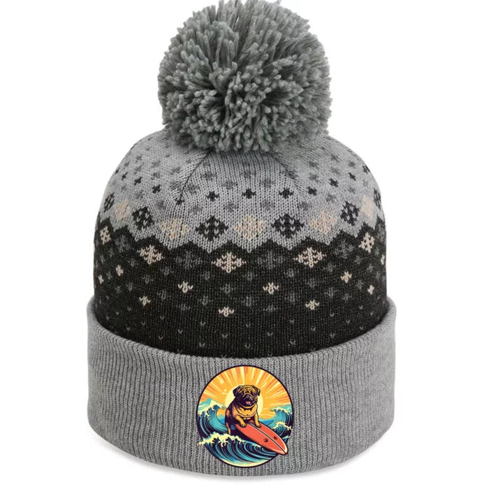 Cute Pug Dog Surfing Japanese Great Waves Surf Board Sunset The Baniff Cuffed Pom Beanie