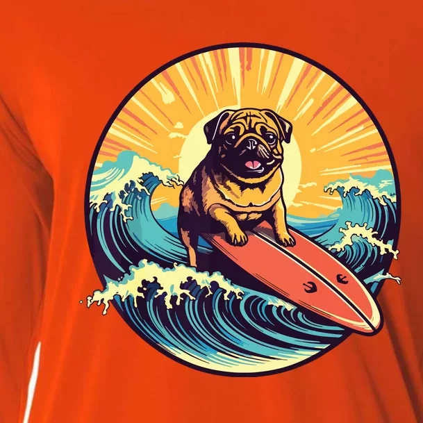 Cute Pug Dog Surfing Japanese Great Waves Surf Board Sunset Cooling Performance Long Sleeve Crew