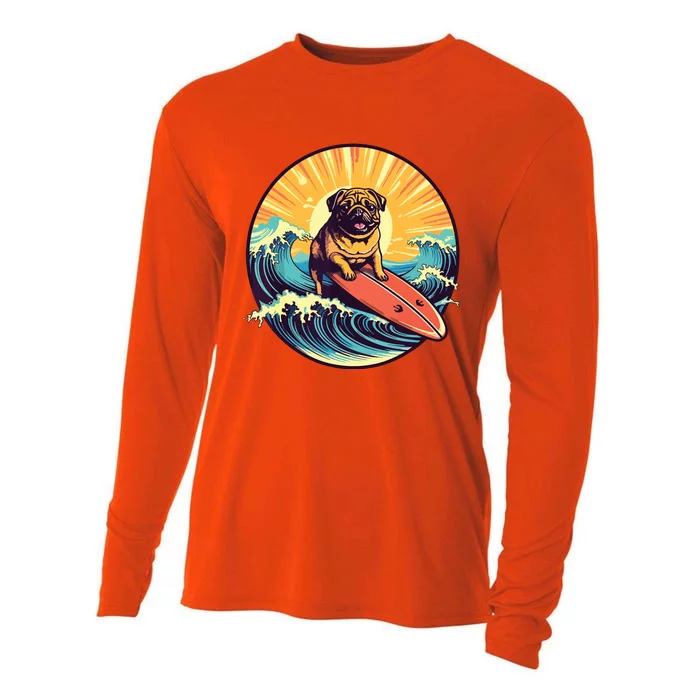 Cute Pug Dog Surfing Japanese Great Waves Surf Board Sunset Cooling Performance Long Sleeve Crew