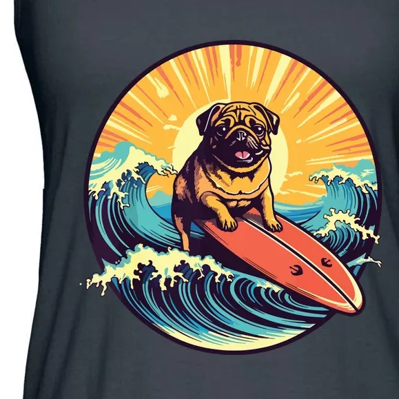 Cute Pug Dog Surfing Japanese Great Waves Surf Board Sunset Ladies Essential Flowy Tank