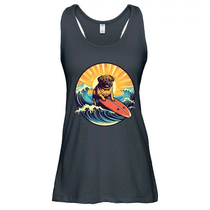 Cute Pug Dog Surfing Japanese Great Waves Surf Board Sunset Ladies Essential Flowy Tank