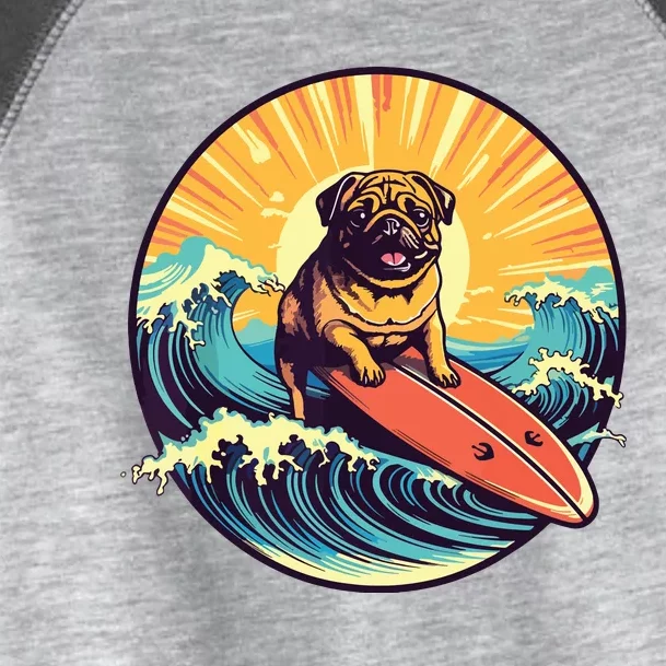 Cute Pug Dog Surfing Japanese Great Waves Surf Board Sunset Toddler Fine Jersey T-Shirt