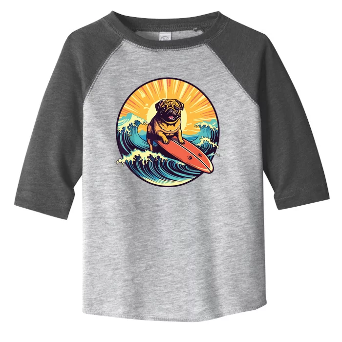 Cute Pug Dog Surfing Japanese Great Waves Surf Board Sunset Toddler Fine Jersey T-Shirt