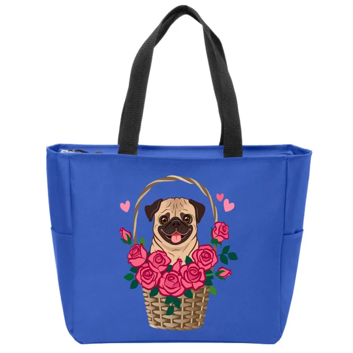 Cute Pug Dog Sitting In A Basket Of Roses Valentines Day Great Gift Zip Tote Bag