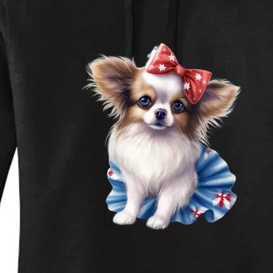 Cute Papillon Dog Puppy USA Flag American Dogs 4th Of July Women's Pullover Hoodie