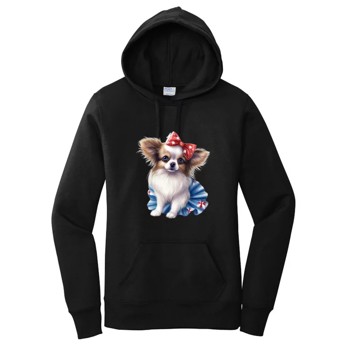 Cute Papillon Dog Puppy USA Flag American Dogs 4th Of July Women's Pullover Hoodie