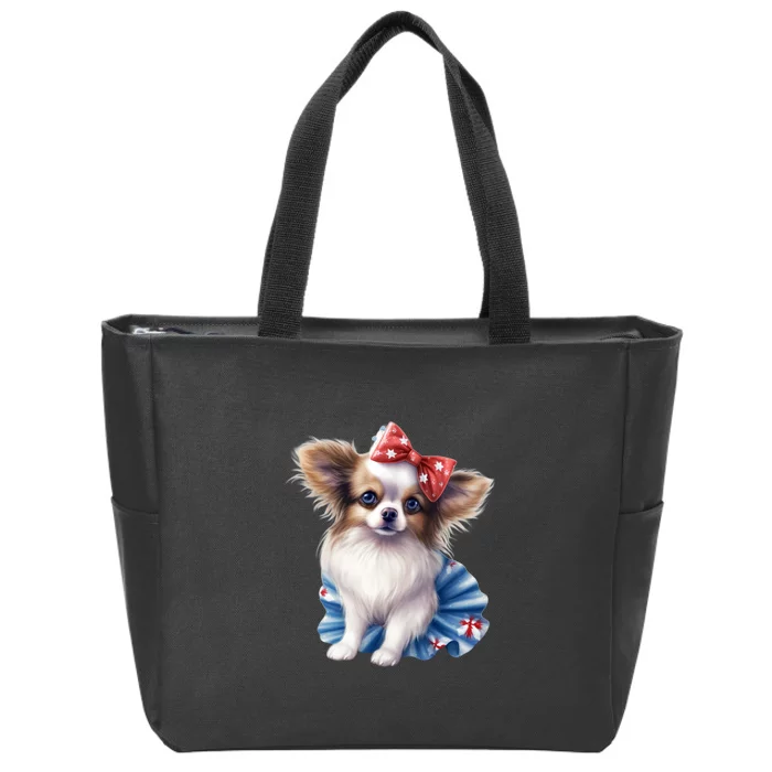 Cute Papillon Dog Puppy USA Flag American Dogs 4th Of July Zip Tote Bag