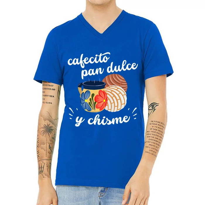 Cafecito Pan Dulce Y Chisme Mexican Hispanic Pride Breakfast V-Neck T-Shirt