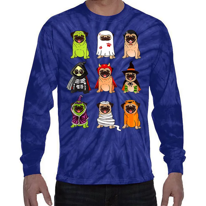 Cute Pug Dog Witch Ghost Boo Pumpkin Halloween Spooky Season Tie-Dye Long Sleeve Shirt