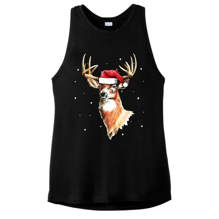 Christmas Pajama Deer With Santa Hat Hunting Hunter Cool Gift Ladies Tri-Blend Wicking Tank