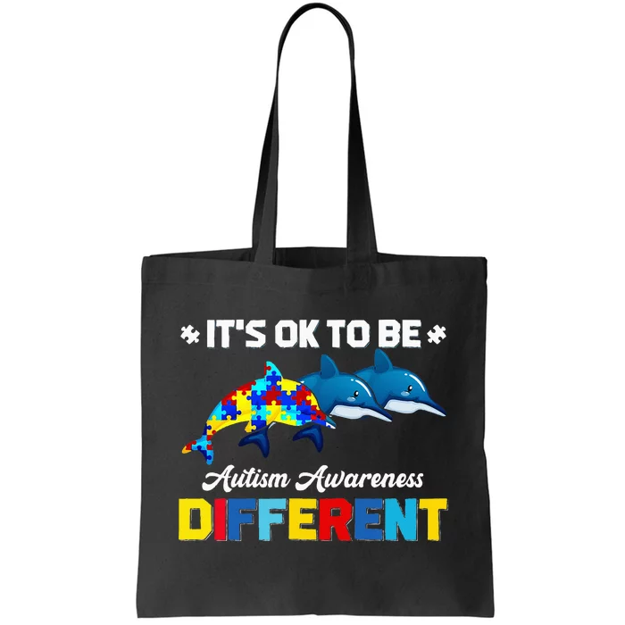 Cute Puzzle Dolphin It's Ok To Be Different Autism Awareness Tote Bag