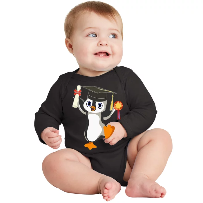 Cute Penguin Dancing Graduation Cap Certificate Fun Graduate Baby Long Sleeve Bodysuit