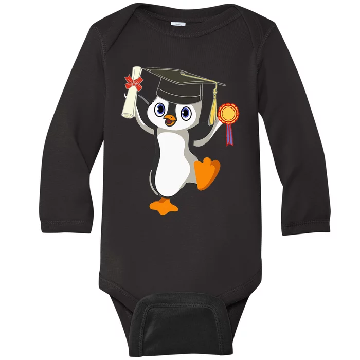 Cute Penguin Dancing Graduation Cap Certificate Fun Graduate Baby Long Sleeve Bodysuit