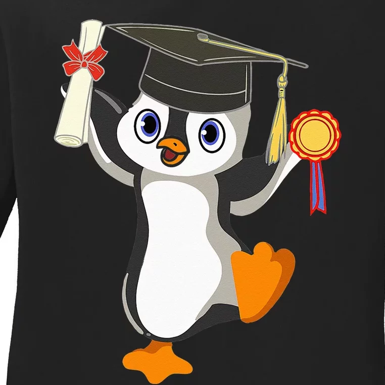 Cute Penguin Dancing Graduation Cap Certificate Fun Graduate Ladies Long Sleeve Shirt