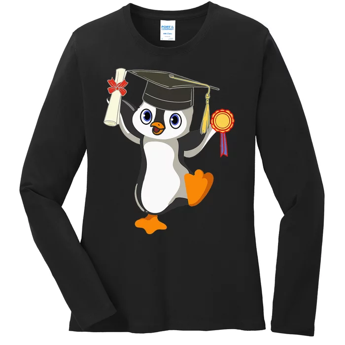 Cute Penguin Dancing Graduation Cap Certificate Fun Graduate Ladies Long Sleeve Shirt