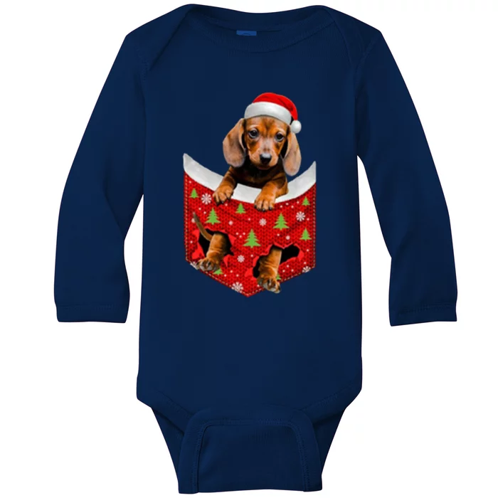 Cute Puppy Dachshund In Pocket Christmas Dachshund Lover Gift Baby Long Sleeve Bodysuit