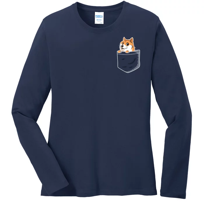 Cute Pocket Dog Design Ladies Long Sleeve Shirt