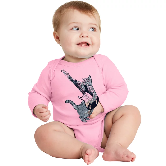 Cat Playing Electric Guitar Guitar Player Cat Lover Baby Long Sleeve Bodysuit