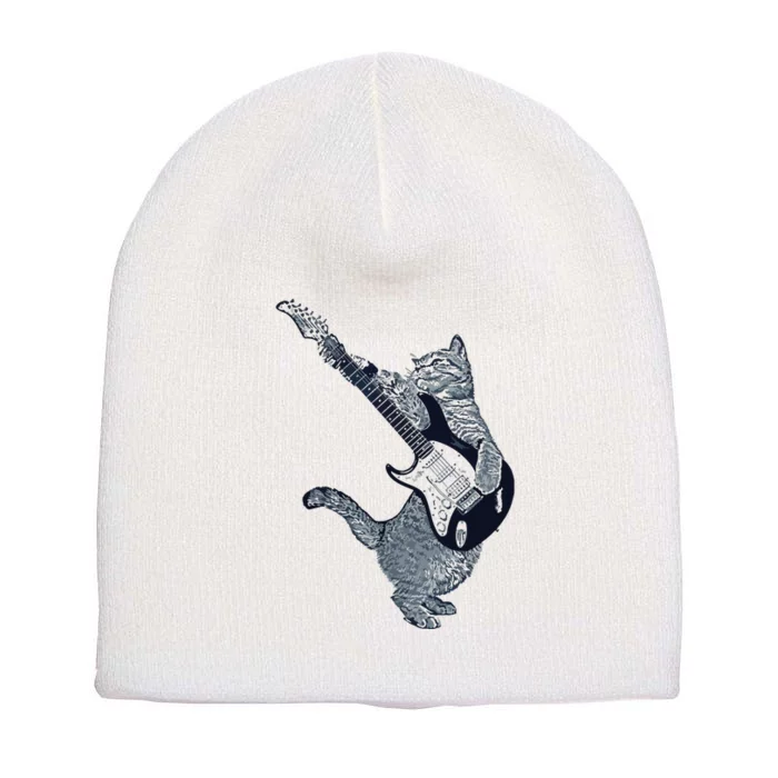 Cat Playing Electric Guitar Guitar Player Cat Lover Short Acrylic Beanie