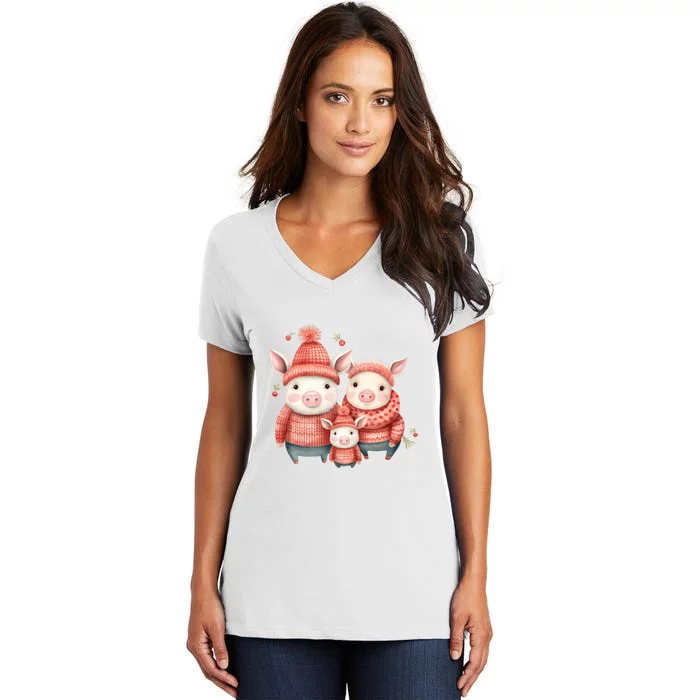 Christmas Pig Family Matching Outfit Women's V-Neck T-Shirt