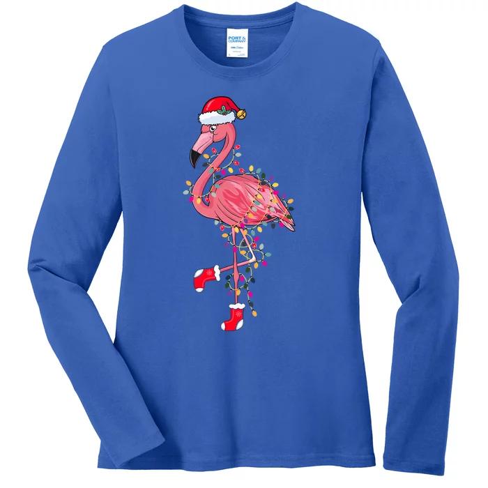 Cute Pink Flamingo Christmas Lights Santa Hat Xmas Funny Gift Cute Gift Ladies Long Sleeve Shirt