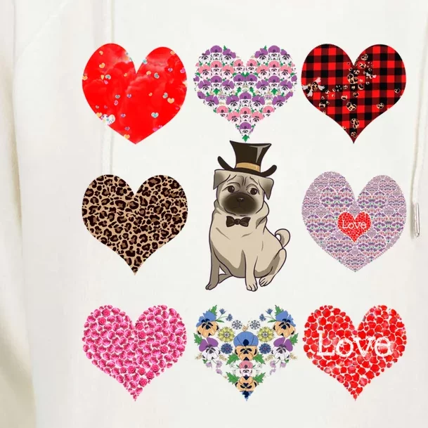 Cute Pug Funny Dog Mom Hearts Pattern Valentines Day Gift Womens Funnel Neck Pullover Hood