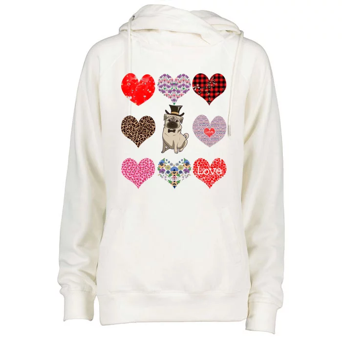 Cute Pug Funny Dog Mom Hearts Pattern Valentines Day Gift Womens Funnel Neck Pullover Hood