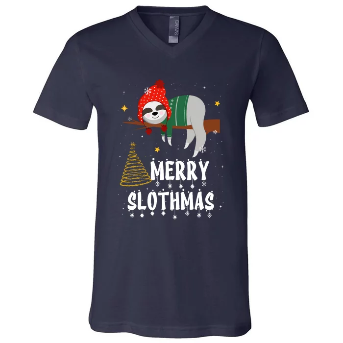 Christmas Pajama For Sloth Lovers Merry Slothmas Gift V-Neck T-Shirt