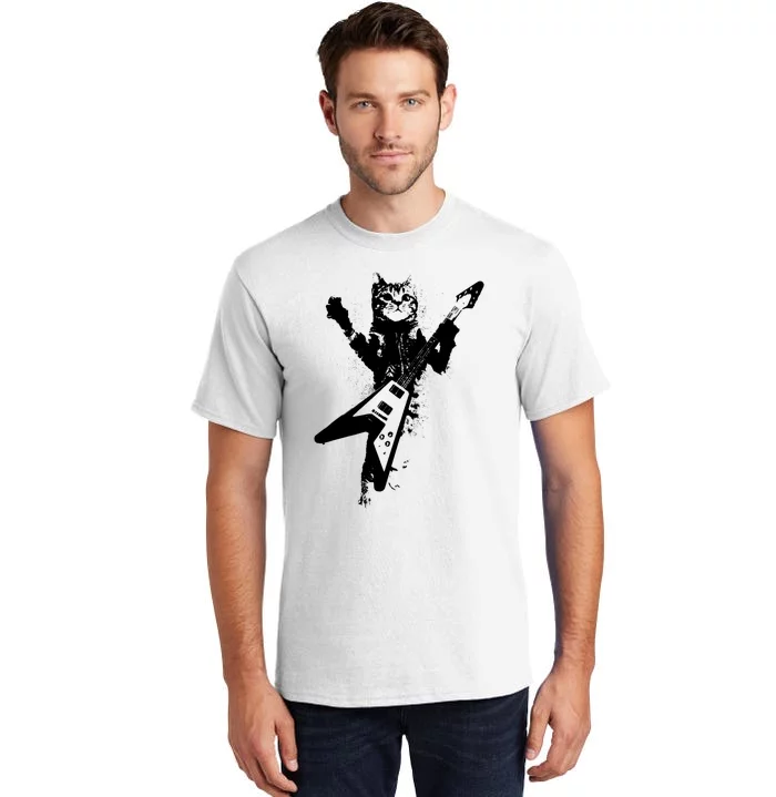 Cat Playing Flying V Guitar Musician Cat Lover TShirt Tall T-Shirt