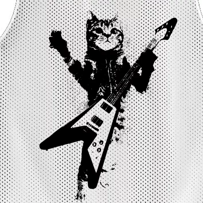 Cat Playing Flying V Guitar Musician Cat Lover TShirt Mesh Reversible Basketball Jersey Tank