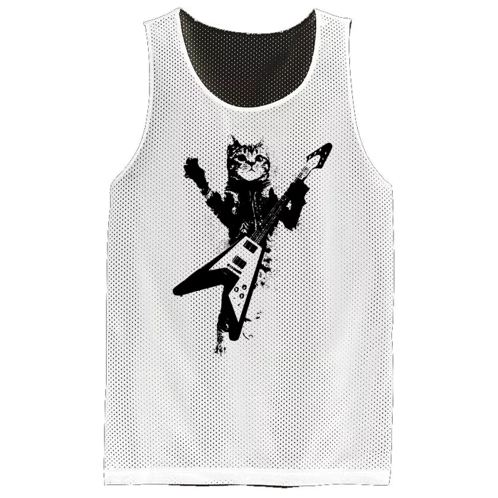 Cat Playing Flying V Guitar Musician Cat Lover TShirt Mesh Reversible Basketball Jersey Tank