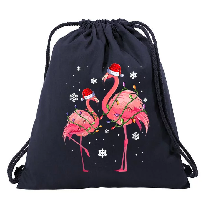 Cute Pink Flamingo Merry Flocking Christmas Cute Gift Drawstring Bag