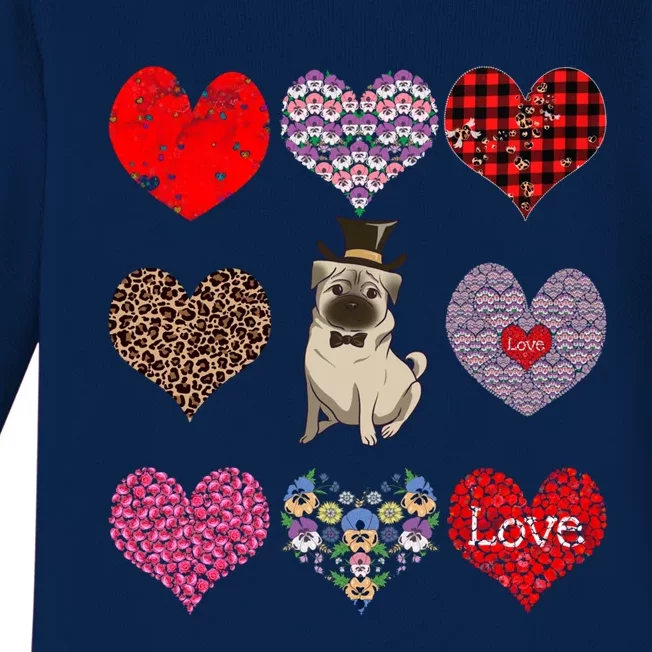 Cute Pug Funny Dog Mom Hearts Pattern Valentines Day Great Gift Baby Long Sleeve Bodysuit