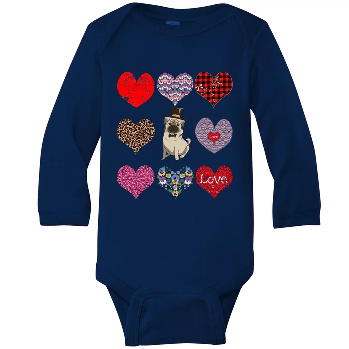 Cute Pug Funny Dog Mom Hearts Pattern Valentines Day Great Gift Baby Long Sleeve Bodysuit