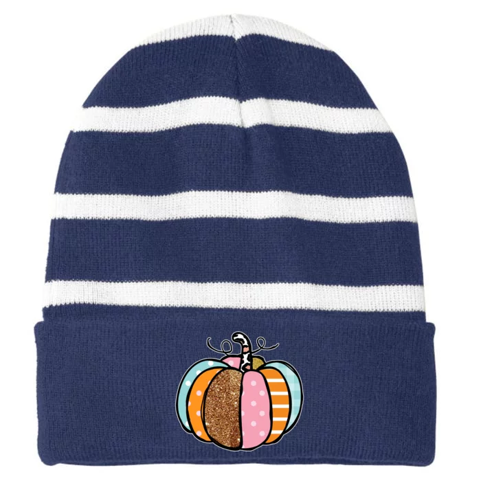 Colorful Pumpkin Festive Fall Striped Beanie with Solid Band