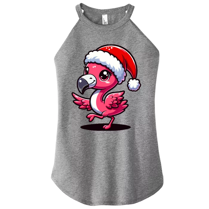 Cheerful Pink Flamingo Christmas Santa Hat Cool Gift Women’s Perfect Tri Rocker Tank