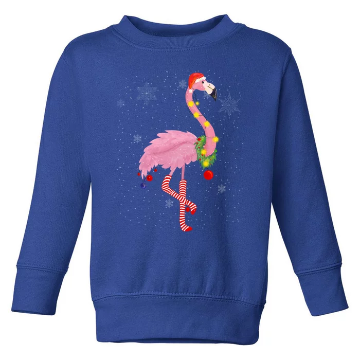 Cute Pink Flamingo With Snow Lights And Santa Hat Christmas Cute Gift Toddler Sweatshirt