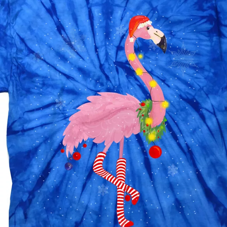 Cute Pink Flamingo With Snow Lights And Santa Hat Christmas Cute Gift Tie-Dye T-Shirt