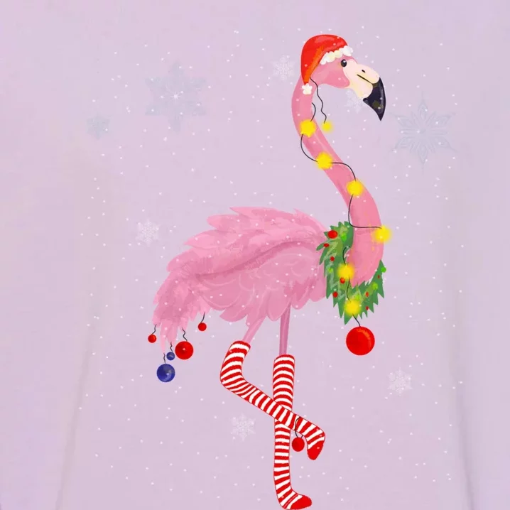 Cute Pink Flamingo With Snow Lights And Santa Hat Christmas Cute Gift Garment-Dyed Sweatshirt