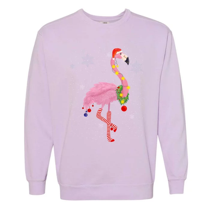 Cute Pink Flamingo With Snow Lights And Santa Hat Christmas Cute Gift Garment-Dyed Sweatshirt